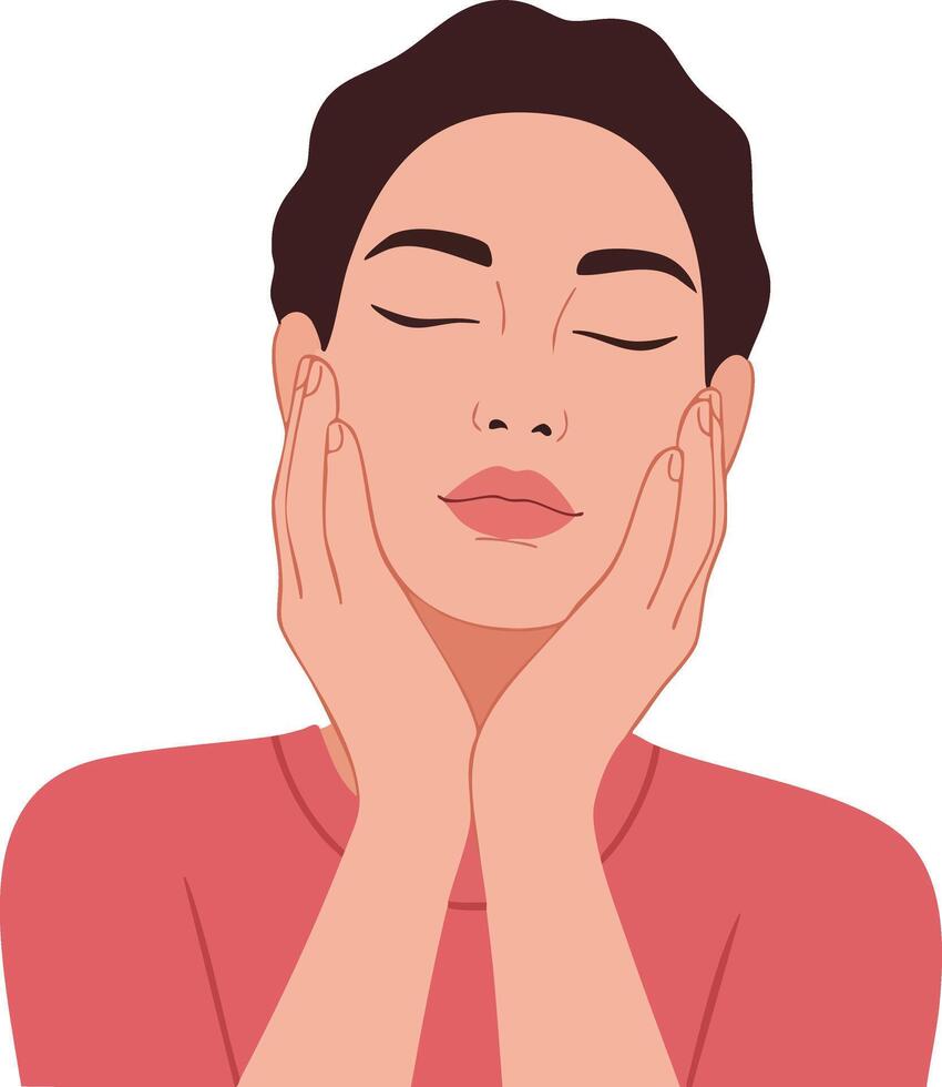 Woman with closed eyes touching cheeks in calm relaxed facial expression illustration vector