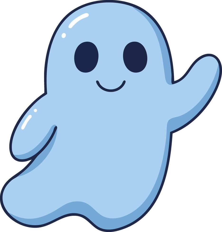Cute blue cartoon ghost waving happily in friendly cheerful expression illustration vector