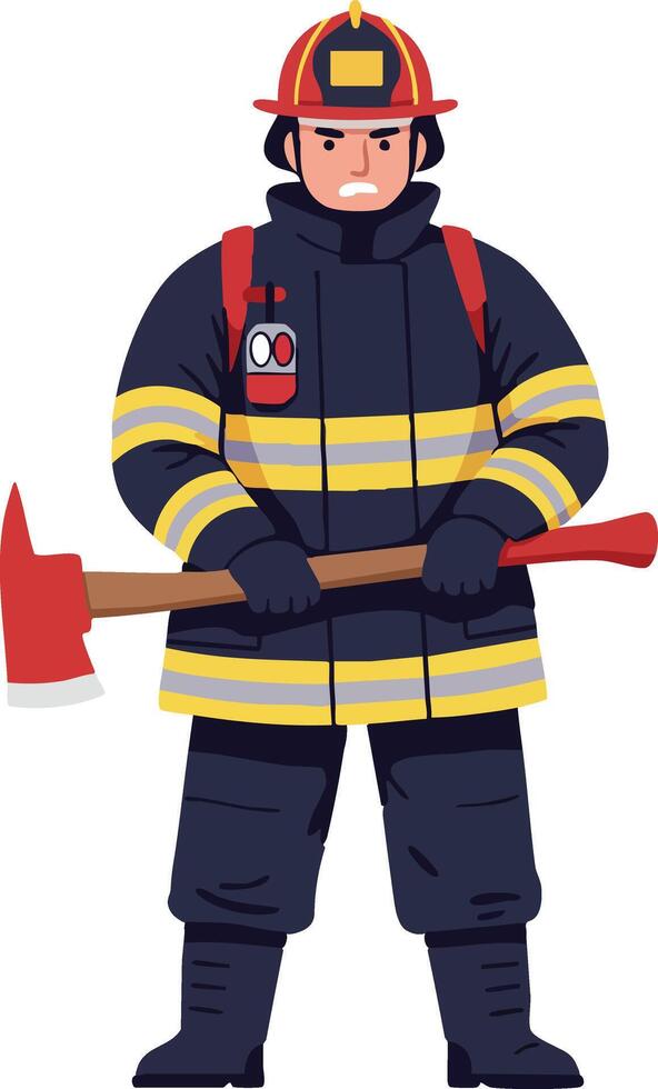Firefighter in full protective gear holding red axe standing ready for emergency response illustration vector