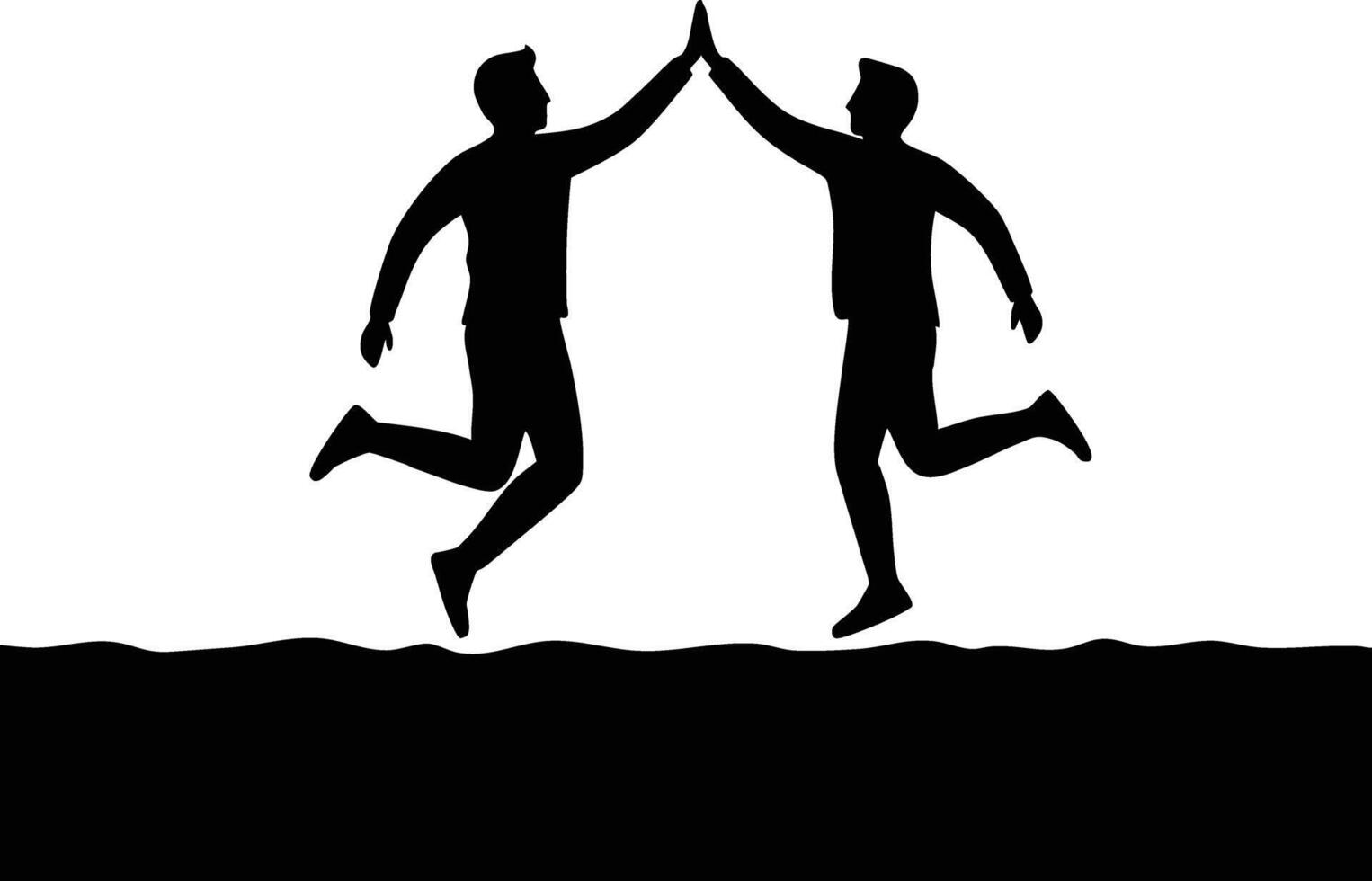 Two men jumping and high-fiving in silhouette style celebrating success and teamwork illustration vector