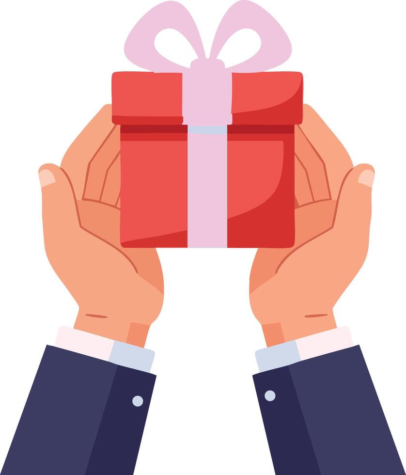 Hands Holding Red Gift Box with Pink Ribbon Present for Special Occasions and Celebrations Illustration vector