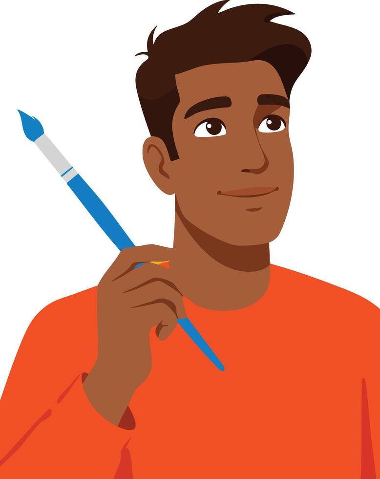 Man holding paintbrush in orange shirt thinking creatively in portrait illustration vector