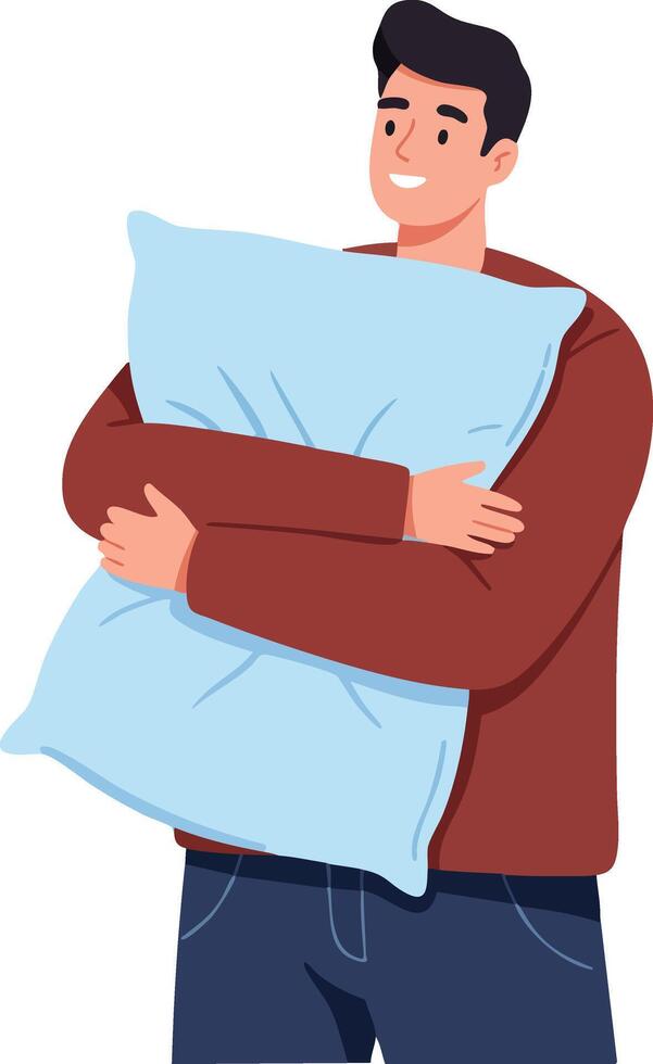 Young man embracing blue pillow in casual clothing smiling with happiness and comfort indoors illustration vector