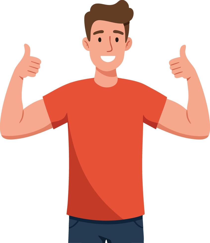 Young man showing thumbs up gesture in red shirt with happy expression illustration vector
