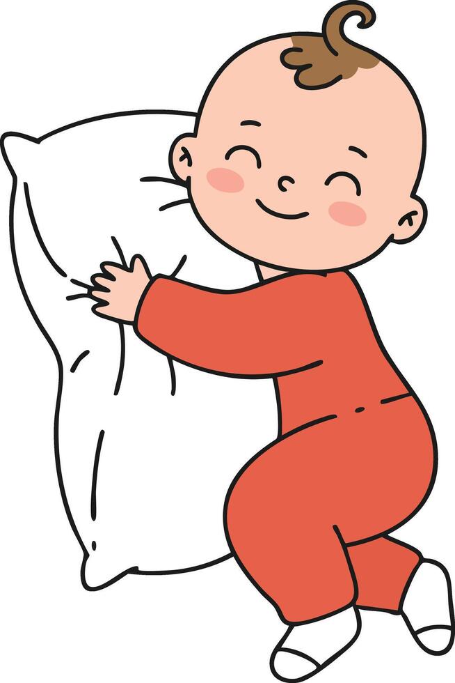 Baby smiling hugging white pillow wearing red pajamas cozy bedtime comfort sleep vector