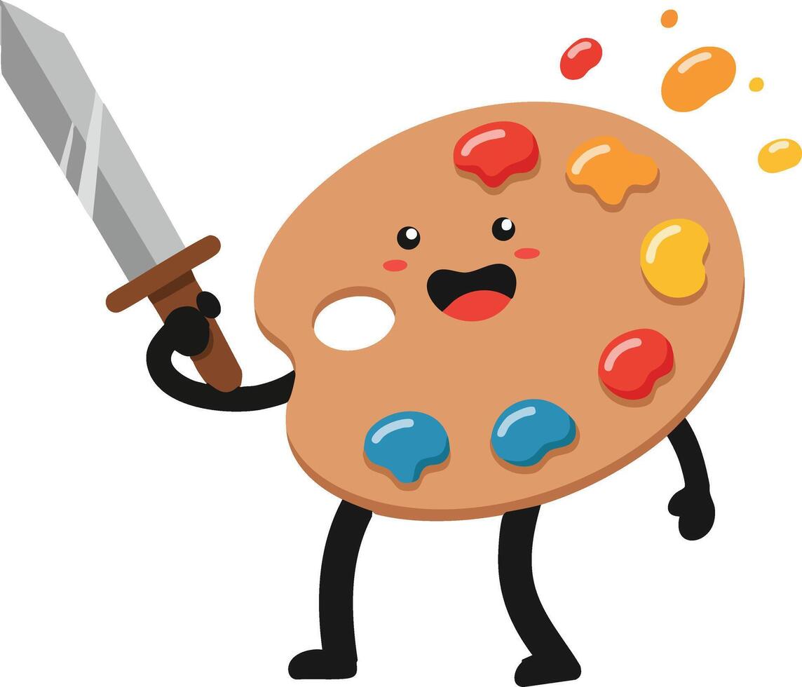 Colorful artist palette character holding sword cartoon illustration in happy expression vector