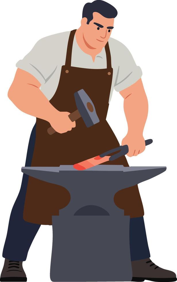 Blacksmith forging hot metal on anvil with hammer in workshop illustration for craftsmanship and metalwork concept vector