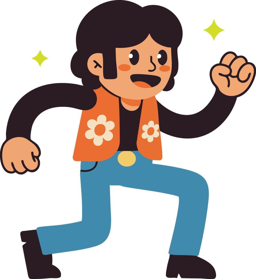 Retro man in floral vest dancing with joy and energetic pose illustration vector