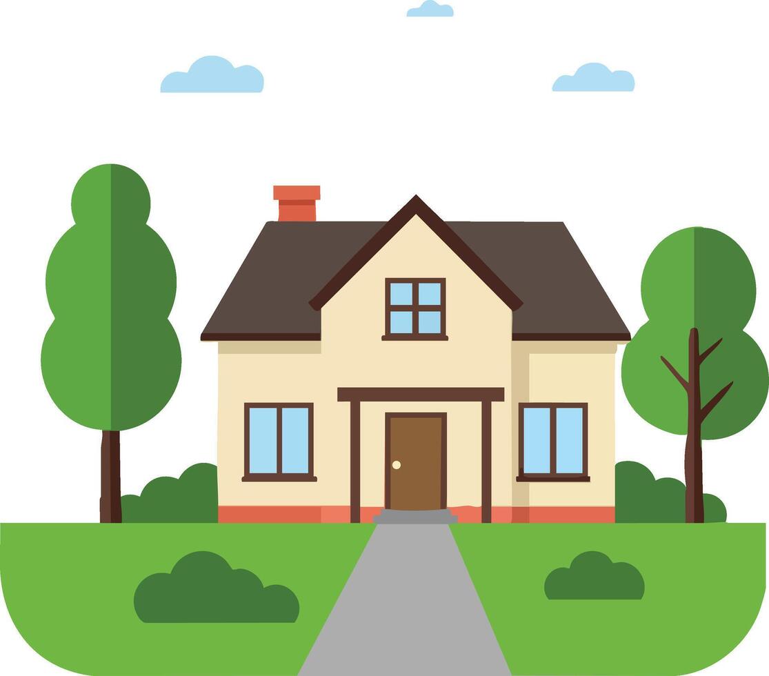 Residential house with green trees and pathway flat illustration in bright colours and simple style vector