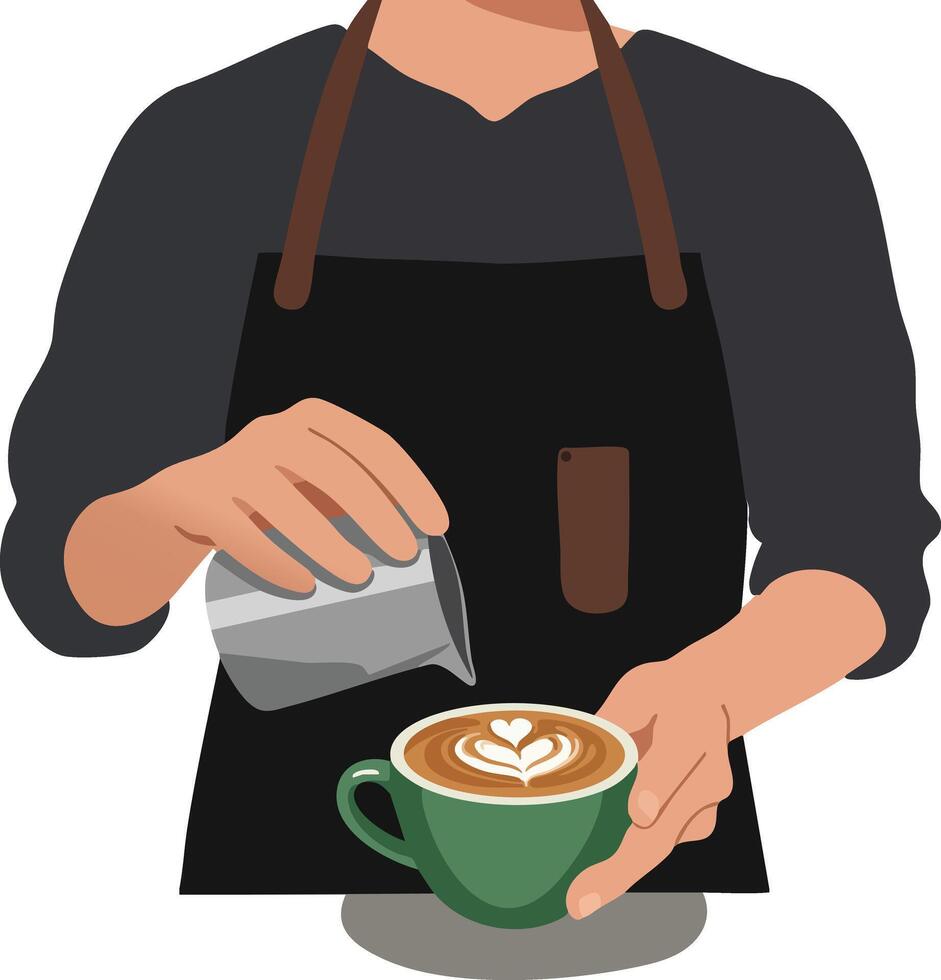 Barista pouring latte art coffee in green cup with black apron barista preparing hot drink illustration vector