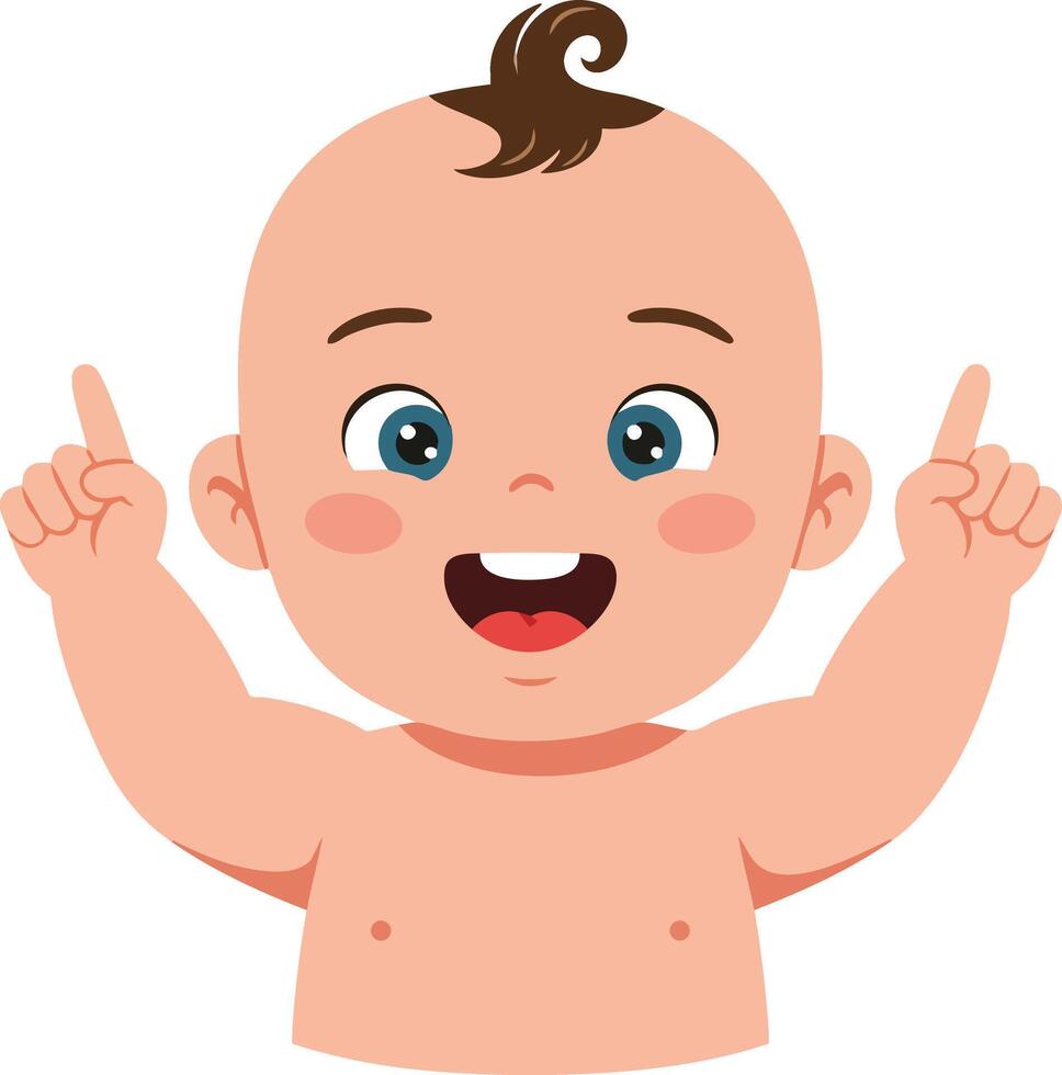 Happy baby with curly hair smiling and pointing upwards illustration for children and family concepts vector