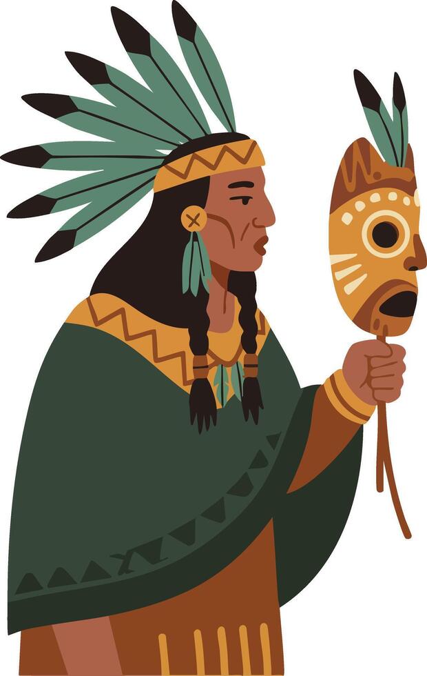 Native American man wearing feather headdress holding traditional ceremonial mask illustration vector