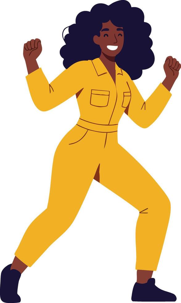 Confident young woman wearing yellow jumpsuit dancing and celebrating with raised fists cheerful expression vector