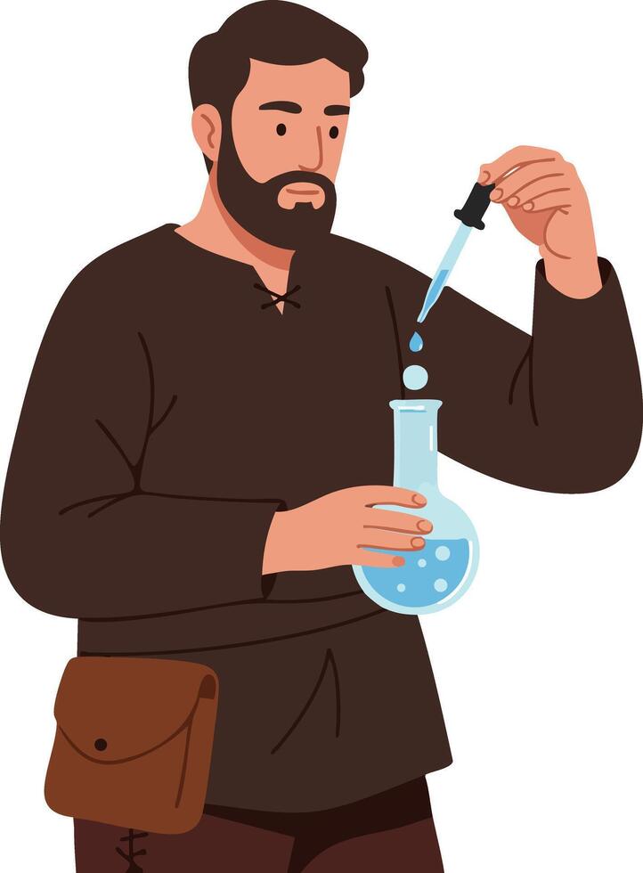 Man in dark clothing conducting chemistry experiment with blue liquid in flask using dropper illustration vector