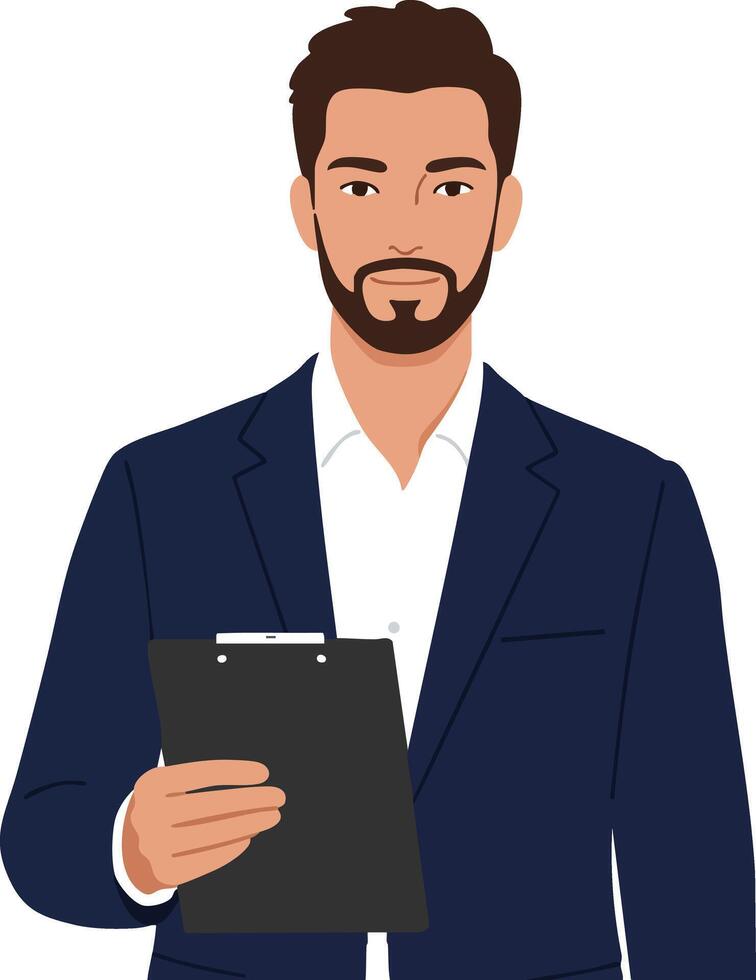Businessman holding clipboard in formal suit presenting confident professional illustration vector