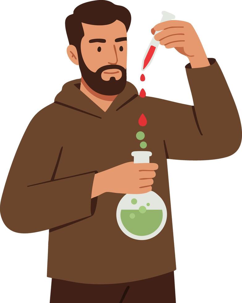 Man conducting scientific experiment with dropper and flask in laboratory environment illustration vector