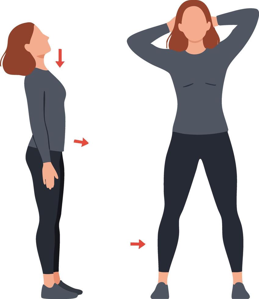 Woman demonstrating standing posture correction exercise for health and fitness improvement in casual outfit illustration vector