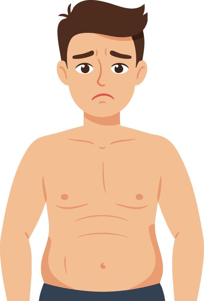 Sad man with worried expression and bare chest in illustration showing emotion and body language vector