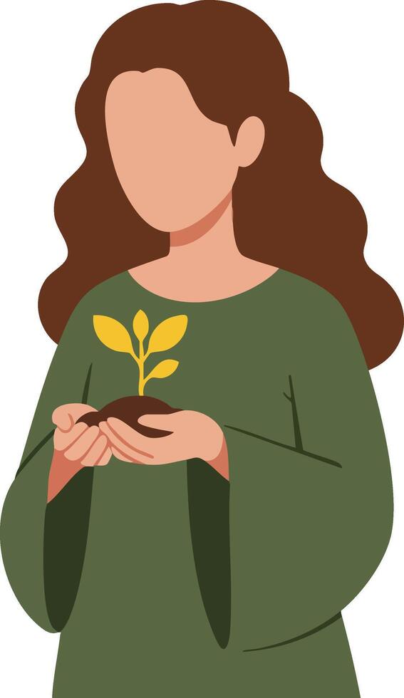 Woman holding small green plant in hands symbolizing growth and care illustration with earthy tones and natural theme vector