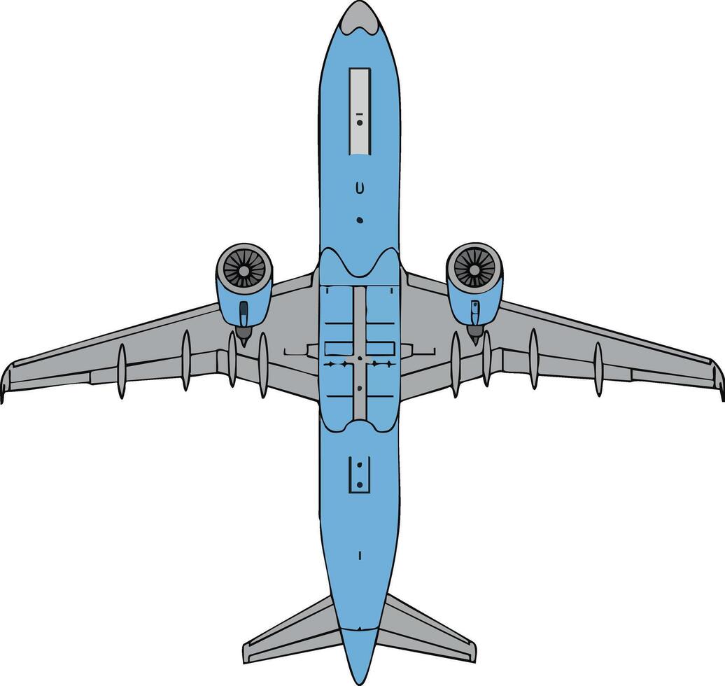 Commercial airplane top view illustration with blue fuselage and detailed wings design vector