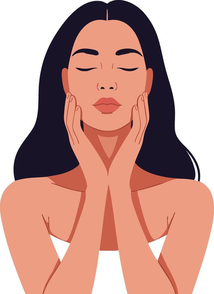 Woman with long dark hair touching face with closed eyes beauty and relaxation concept illustration vector