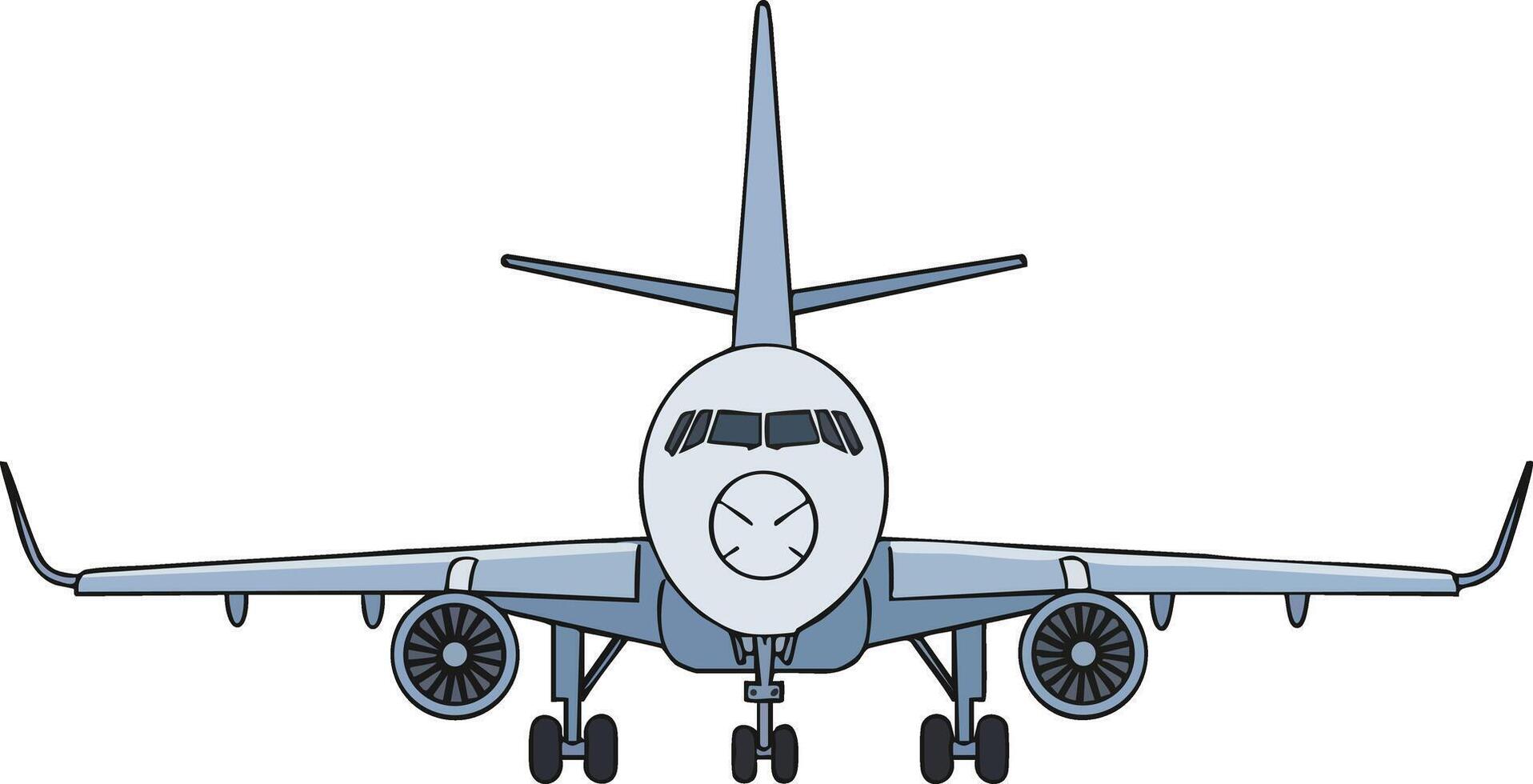 Front view of commercial airplane with engines and landing gear illustration on white background vector