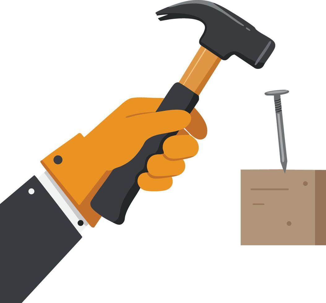Hand with orange glove holding hammer hitting nail into wooden block illustration vector
