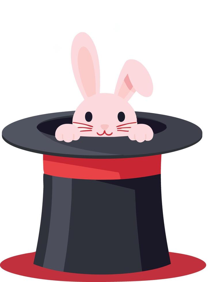 Pink rabbit peeking out of magicians black top hat with red trim illustration vector