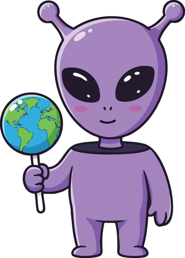 Purple alien character holding Earth globe cartoon illustration with cute extraterrestrial design vector