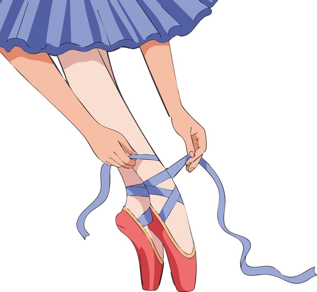 Ballet dancer tying blue ribbons on pink pointe shoes in graceful pose with blue skirt illustration vector