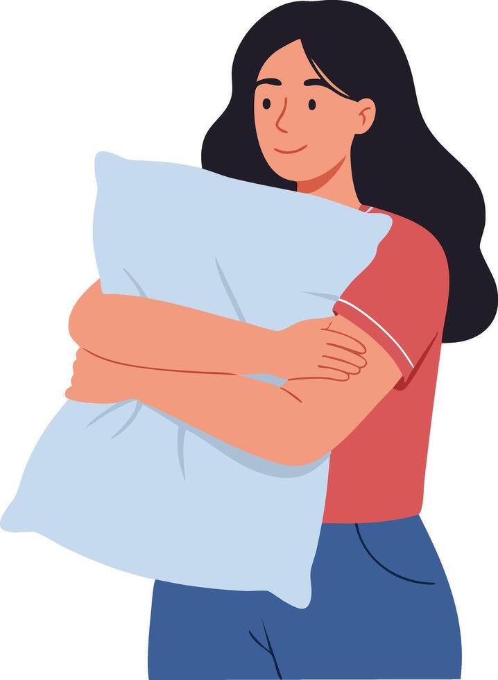 Young woman hugging light blue pillow with calm expression in casual outfit illustration vector