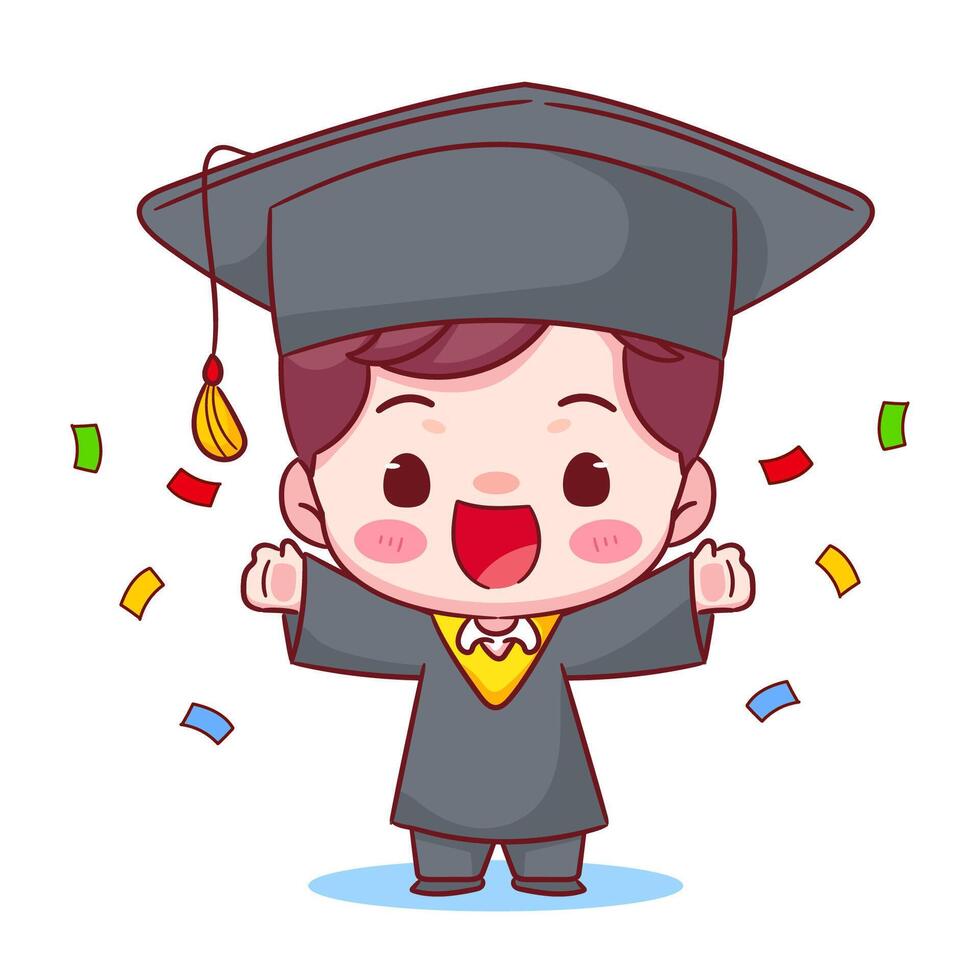 Happy Graduation Cute boy with cap, gown and Confetti around. Education concept design. Kawaii chibi cartoon character illustration vector
