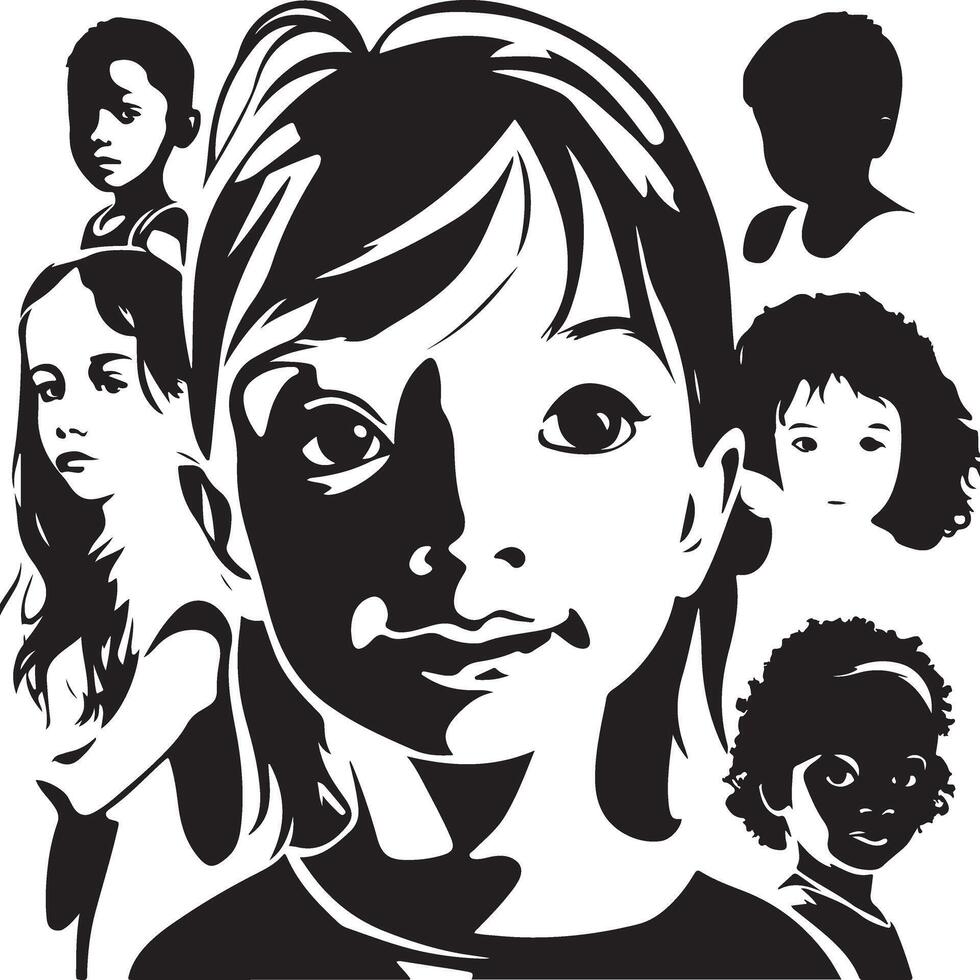 Diverse Children's Faces in Bold Silhouettes vector