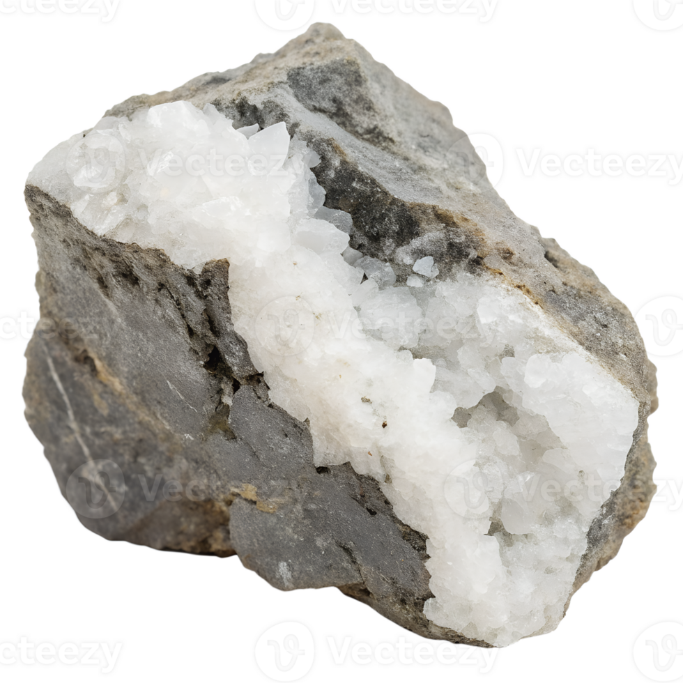 A heavy gray rock with thick white barite crystals along internal veins. Isolated on transparent background png
