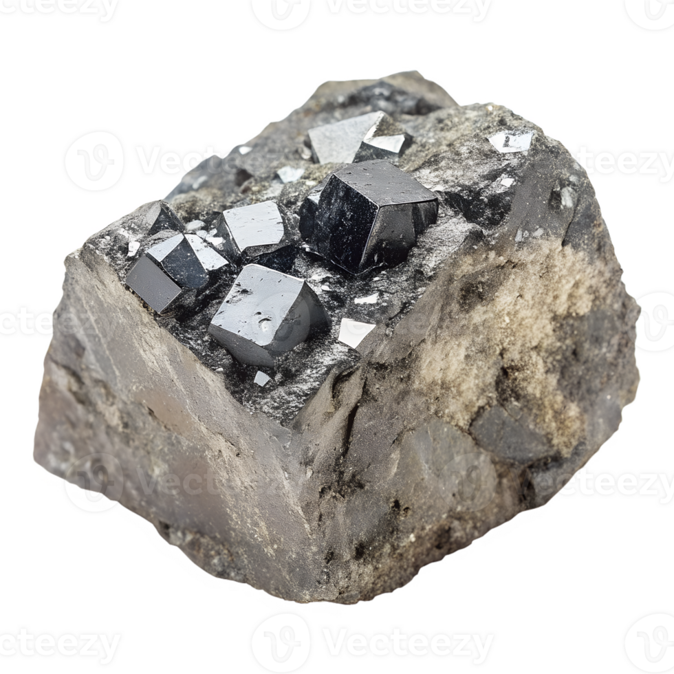 A heavy, lead-gray rock with cubic galena crystals, metallic sheen. On transparent background png