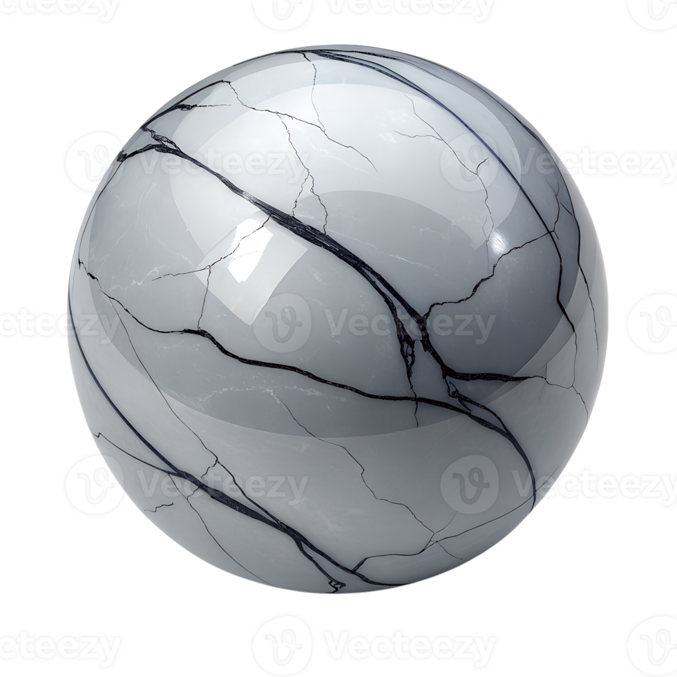 sphere of A light gray marble with streaks of shiny black graphite., isolated on a transparent background png