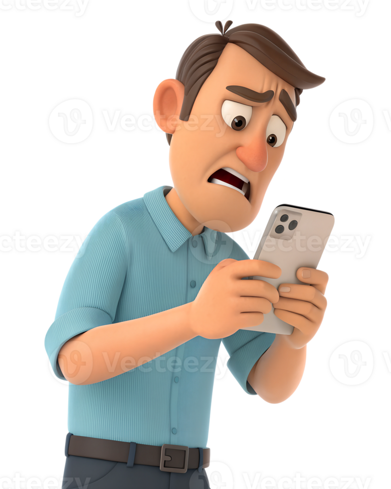 A 3D animated man gripping his phone tightly, frustrated with bad service. isolated on a transparent background png
