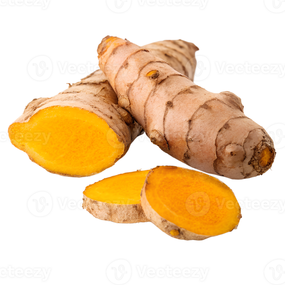 Turmeric root vegetable with slice isolated on a transparent background png