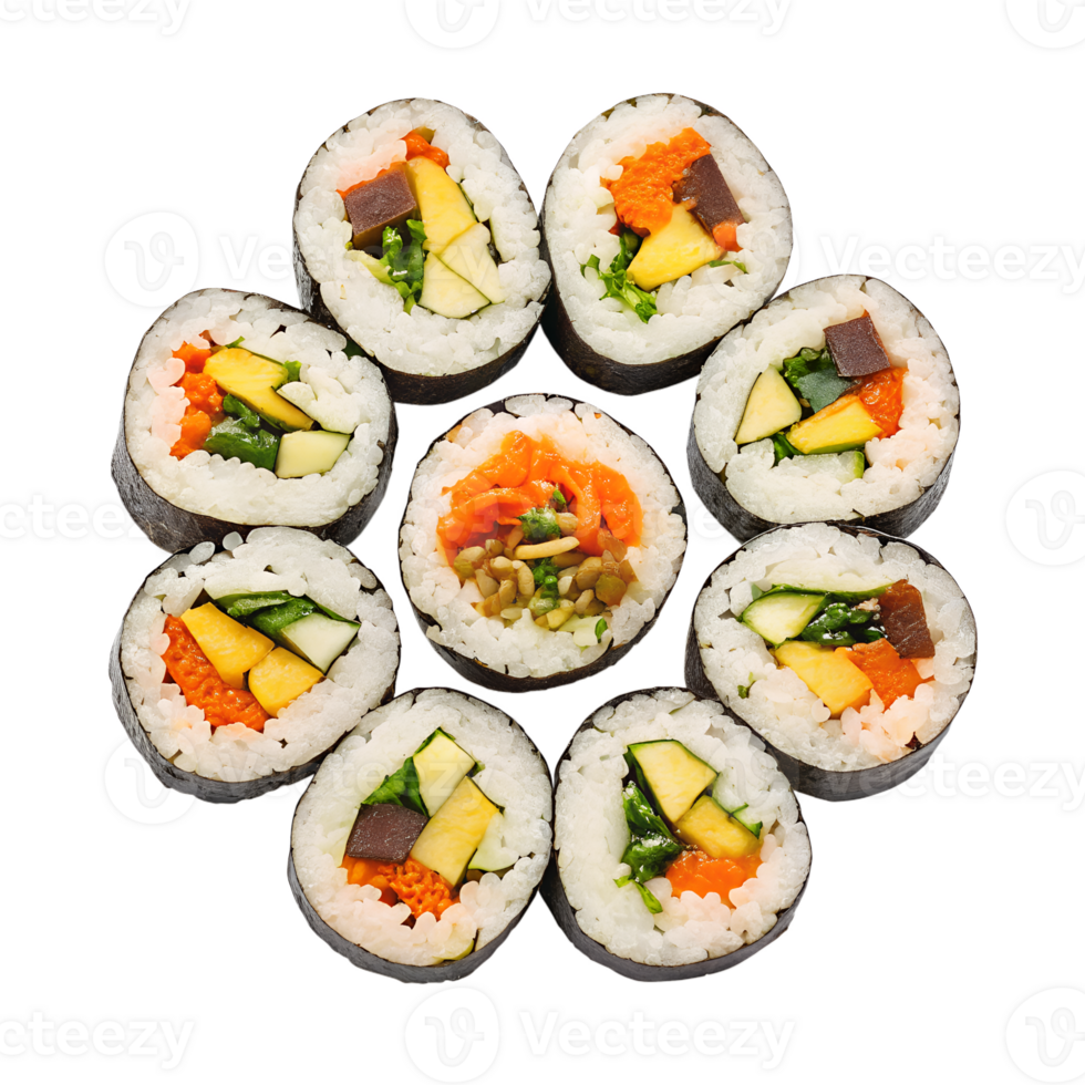 Top view of Gimbap, Korean seaweed rice rolls sliced and arranged in a circular pattern, Isolated on a transparent background png