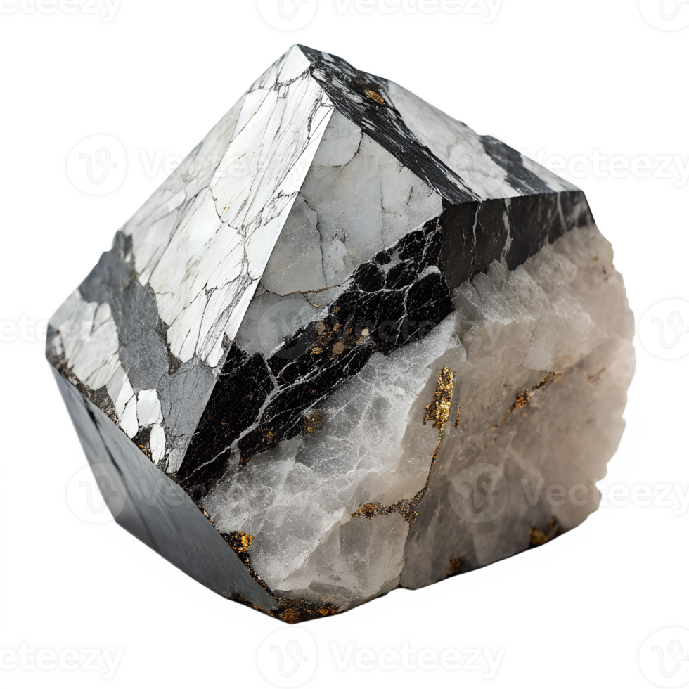 A dense quartz rock with black wolframite streaks, metallic sheen, isolated on a transparent background png