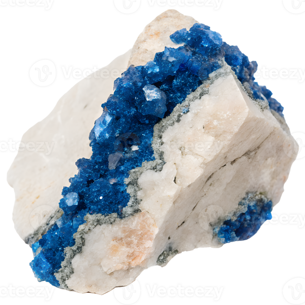 A pale rock with vibrant blue azurite crystals forming along cracks. Isolated on transparent background png