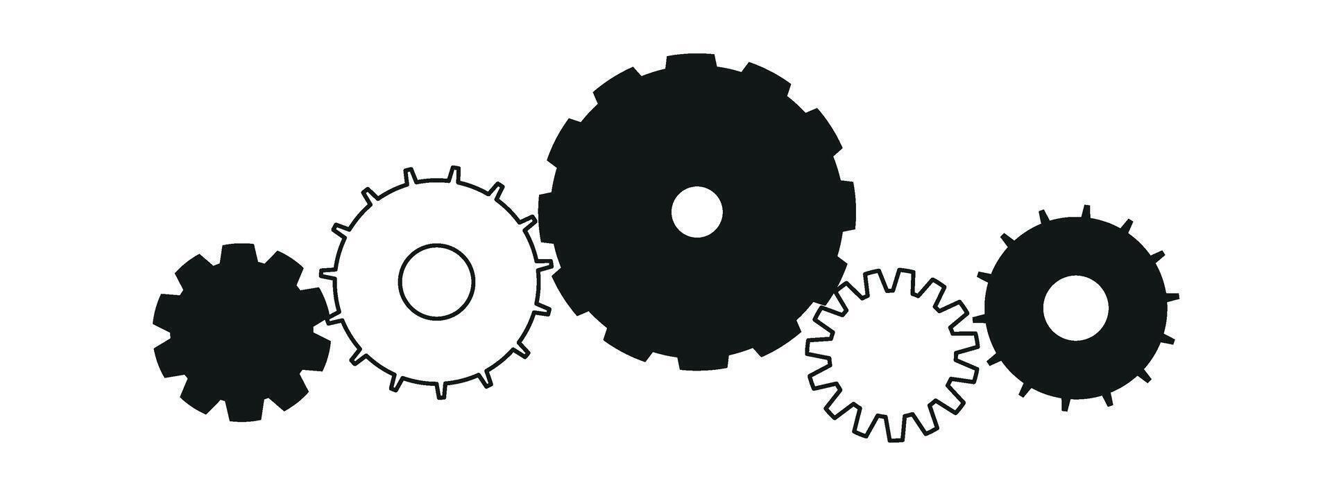 Doodle gear sketch with cartoon cogwheel mechanism. Hand-drawn industrial tools and teamwork symbols. Flat illustration isolated on white background. vector