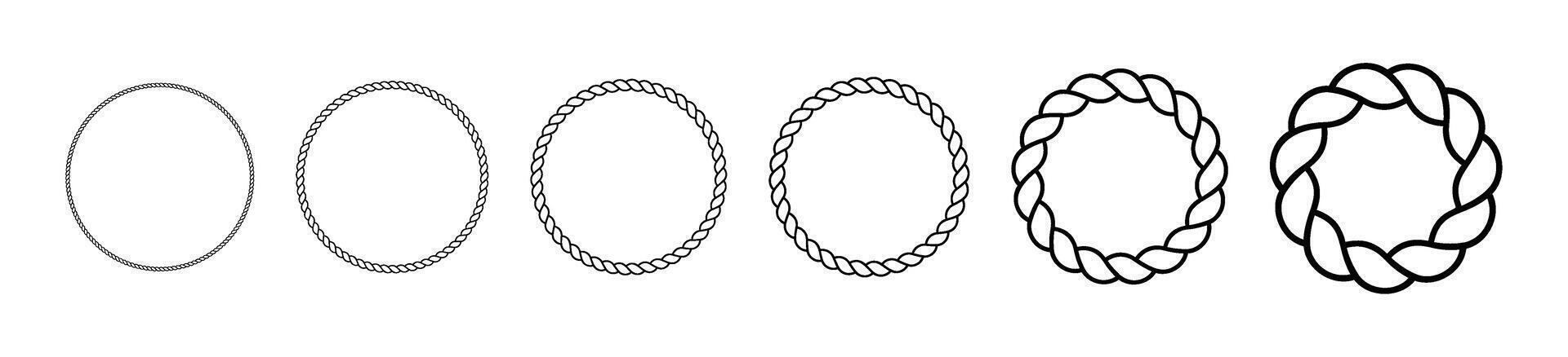 Circular rope frame with sea knot design. Braided string border for nautical decor. Flat illustration isolated on white background. vector