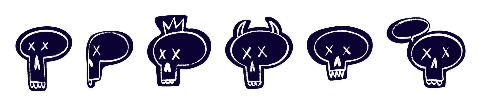 Cartoon skull silhouette with hand-drawn crayon effect, funny Halloween design. Flat illustration isolated on white background. vector