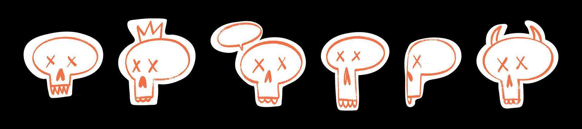 Black skeleton face with crayon texture and bow, cute spooky Halloween character. Flat illustration isolated vector