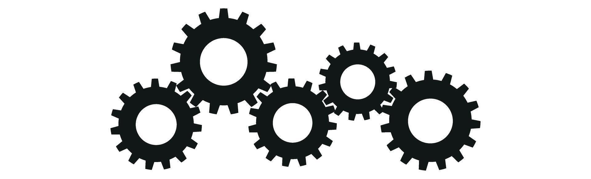 Cog set with golden gears and mechanical chain. Industrial factory machine elements in steel metal style. Flat illustration isolated on white background. vector