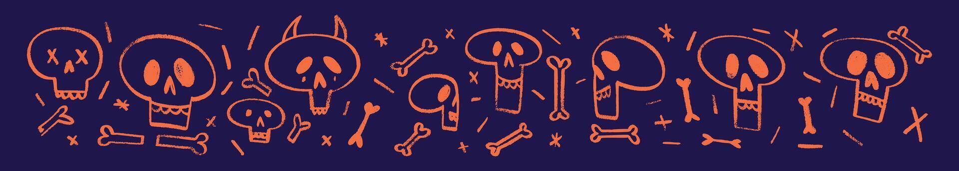 Outline of skull with crossbones in crayon drawing style, pirate theme art. Flat illustration isolated vector