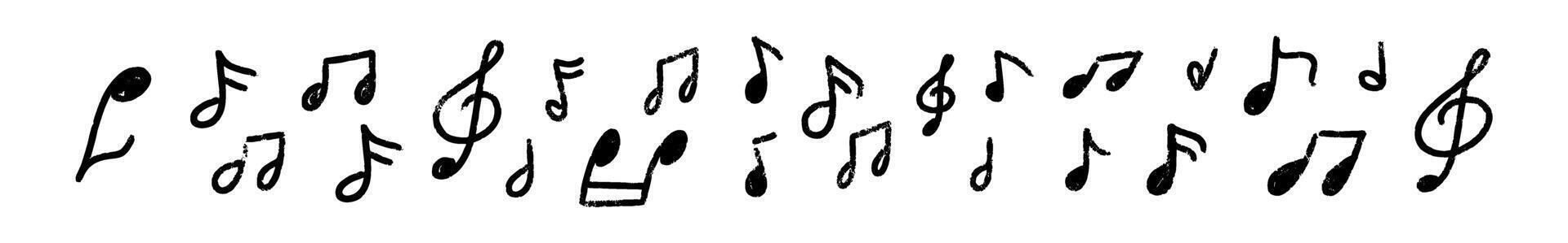 Doodle music notes with grunge hand-drawn style. Retro rock clefs and childish melody symbols. Flat illustration isolated on white background. vector