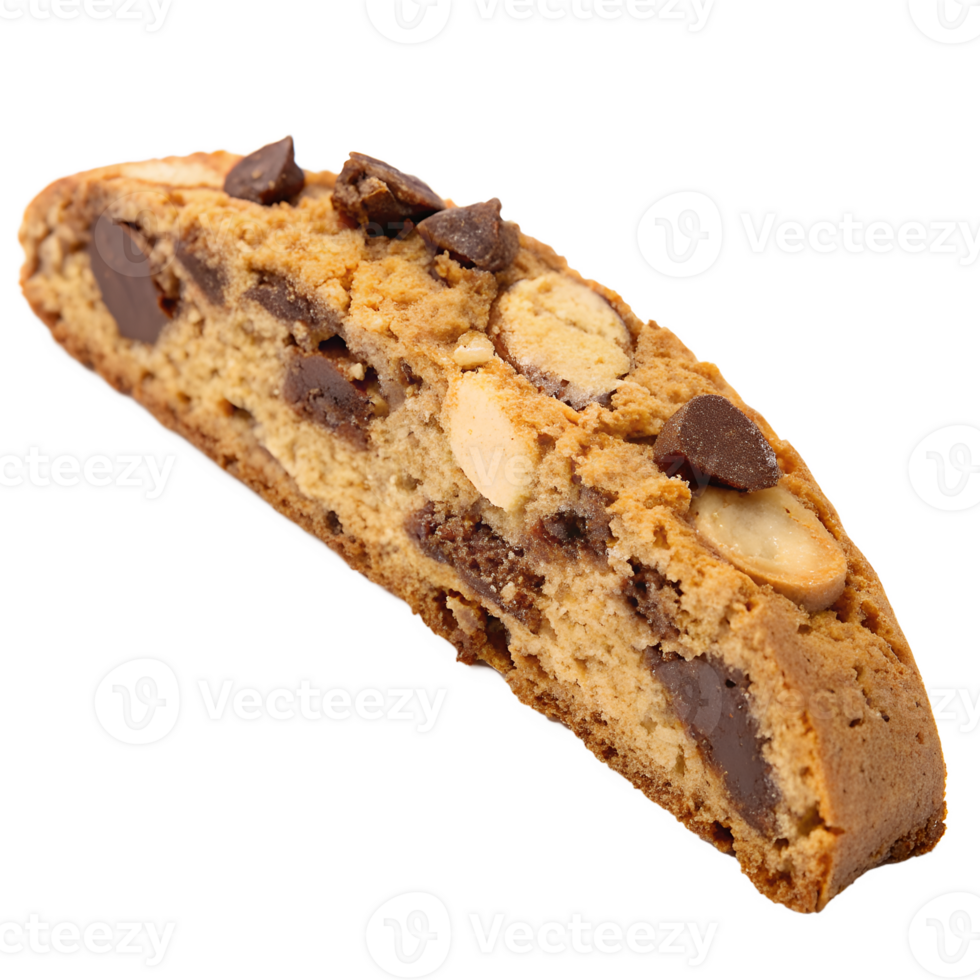 Crunchy biscotti slice with chunks of hazelnut and chocolate, diagonally cut, crisp texture, isolated on a transparent background png