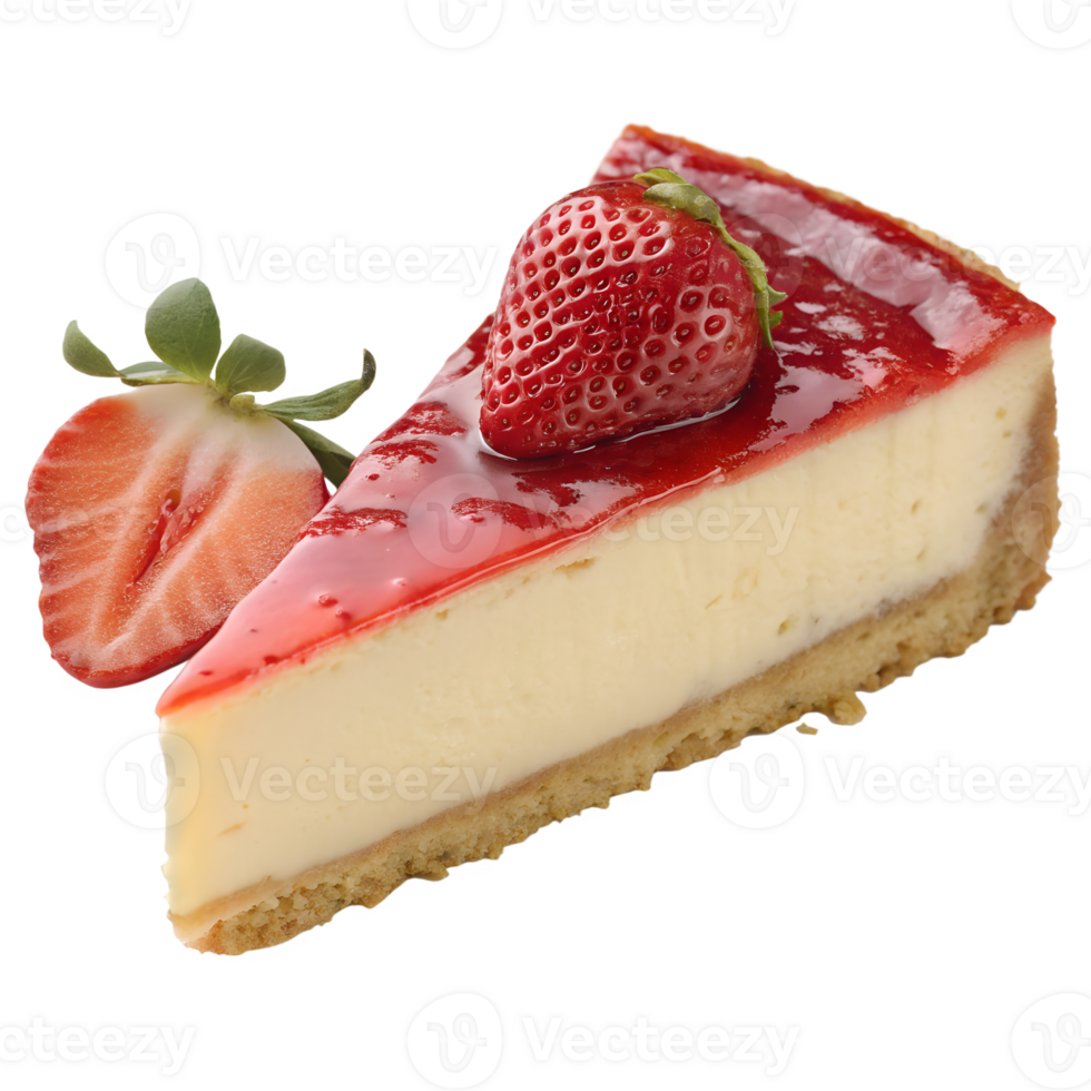 Smooth New York-style cheesecake slice with golden crust, topped with strawberry glaze and whole strawberry, transparent png